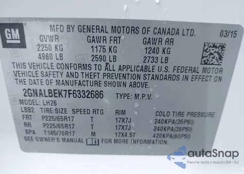 2015 Chevrolet Equinox 1Lt z USA, uszkodzony, nr VIN 2GNALBEK7F6332686